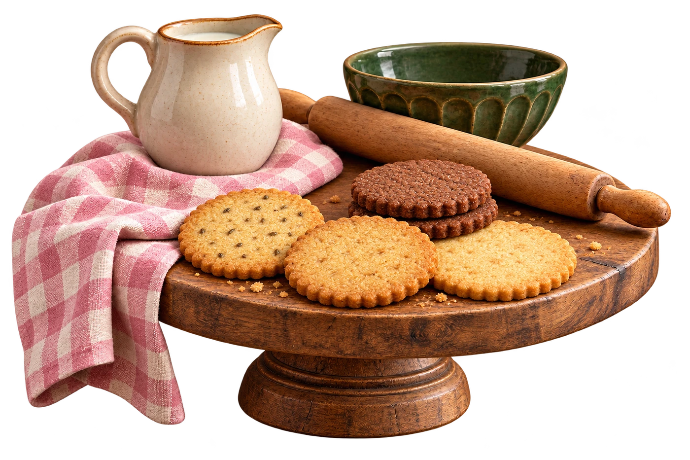 Golden and cocoa biscuits on a wooden cake stand, with a ceramic jug, green bowl and pink gingham cloth.